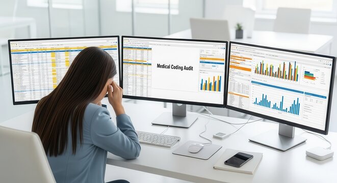 Stressed Female Medical Coder Performing a Complex Medical Coding Audit on Multiple Monitors in a Modern Office