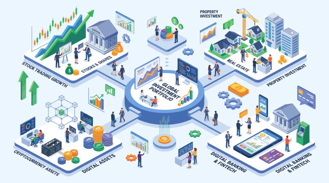 Global investment management concept with various financial assets and digital banking solutions.