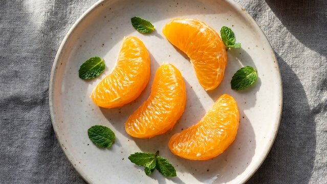 Bright orange mandarin segments and fresh mint leaves artfully arranged on a textured ceramic plate