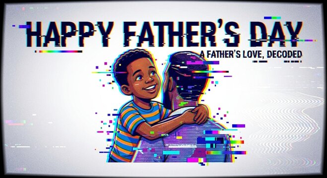 Young African American boy in a creative digital glitch art portrait for Father's Day featuring RGB shift and corrupted VHS effects on a clean background.