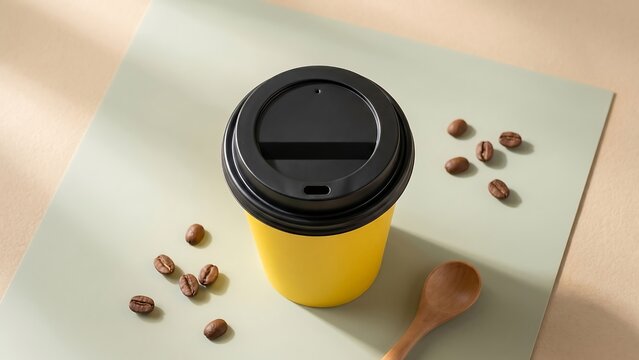 Bright yellow disposable coffee cup with black lid and scattered roasted coffee beans on a pale green surface with a wooden spoon