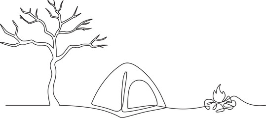 Camping site with tent bonfire and tree vector illustration in continuous line art style. © Jayd