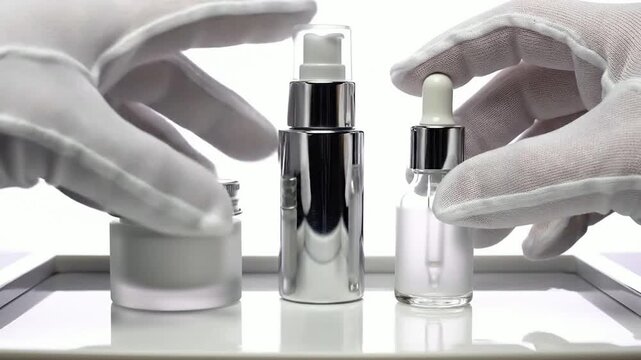 Close-Up Macro Shot of Three Blank-Label Eye Care Products with White Gloved Hands on Bright Studio Background