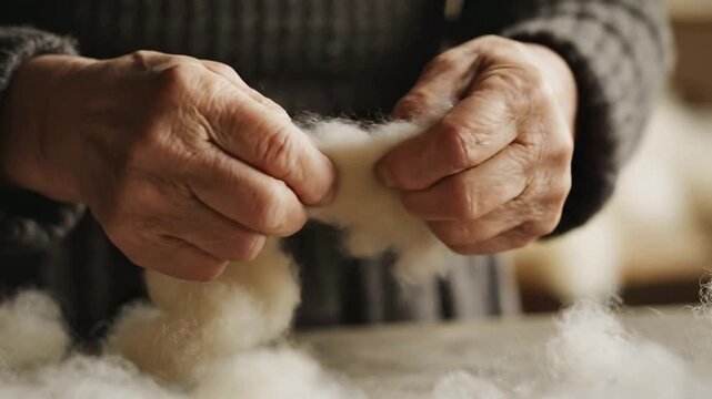 Close-Up of Elderly Hands Crafting Wool Fibers for Traditional Textile Creation in Cozy Workshop Background