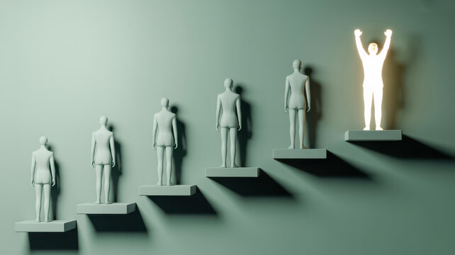 Glowing successful human figure standing on the top step of a ladder representing professional growth and leadership in this image