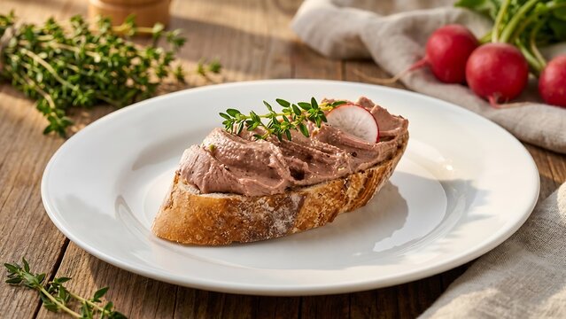 Rustic slice of artisan bread topped with smooth p?t? and fresh thyme, served on a white plate with radishes and herbs