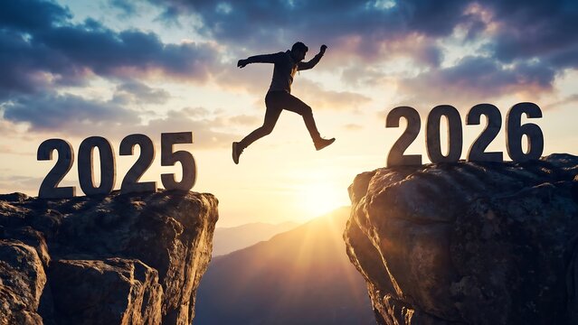 Silhouette of a person leaping across a chasm between two rocky cliffs displaying the years 2025 and 2026 at sunset
