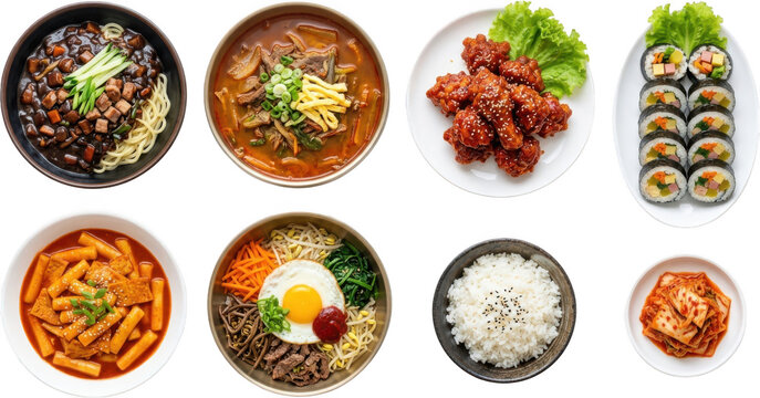 Assortment of delicious Korean dishes including tteokbokki bibimbap japchae kimchi and fried chicken korean food kimbap soup noodles rice meal cuisine traditional spicy savory