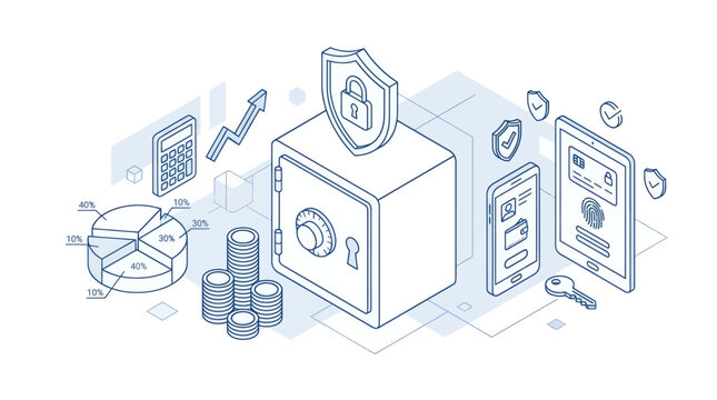 Isometric illustration of data security, safe storage, and digital protection with a vault, shield, and mobile devices.
