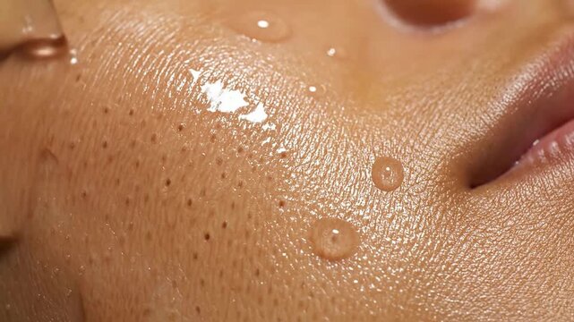 Close-Up of Hydrated Skin with Water Droplets and Moisturizing Serum for Beauty and Skincare Treatments