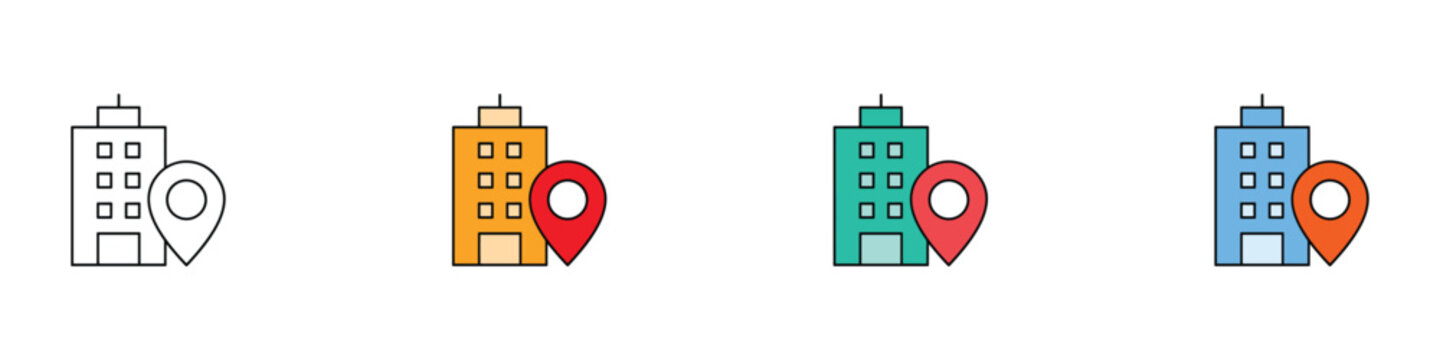 Office building location and corporate GPS tracking icon set. Vector illustration of company headquarters with map pin for real estate property navigation in flat and outline styles.