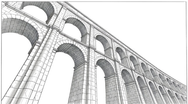 Worm&rsquo;s‑Eye View of an Ancient Roman Aqueduct Arcade with Arched Pillars &ndash; Dramatic Perspective Drawing