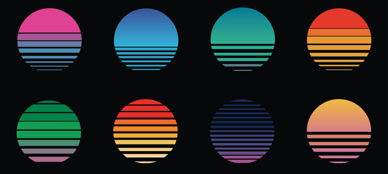 Synthwave retro sun retrowave sunset element pack. Vector illustration of neon 80s cyber punk sun graphics with horizontal lines for music album cover or gaming design on black background.