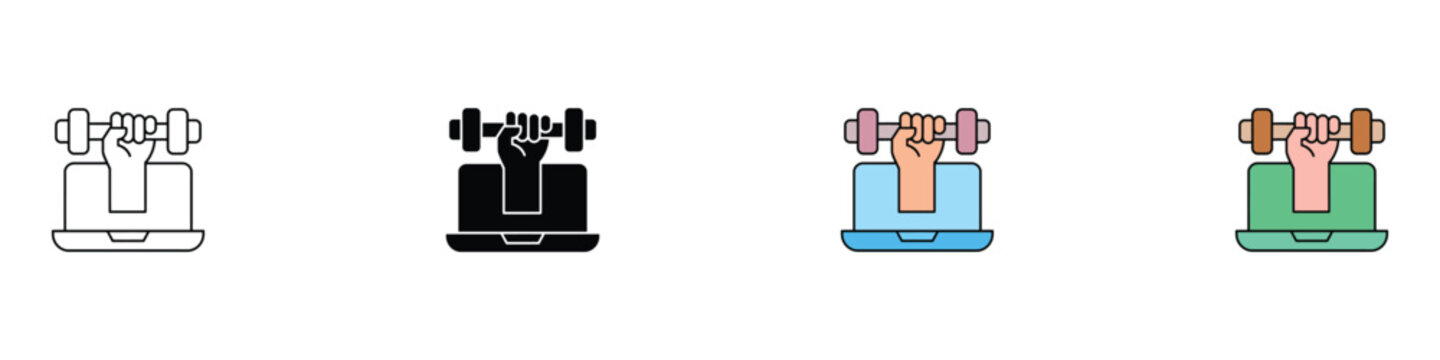 Online fitness and digital workout icon set. Vector illustration of laptop with hand holding dumbbell for virtual gym training and home exercise in flat and outline styles.