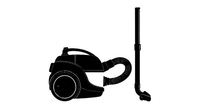 Minimal black silhouette icon, simple flat vector, bold black shape, no, no shading black silhouette of a canister vacuum cleaner on a, flat icon style