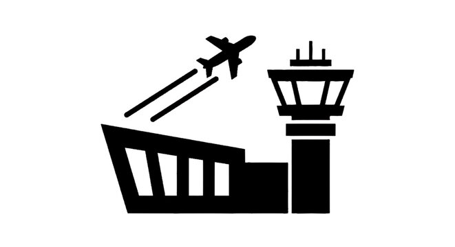Minimal black silhouette icon, simple flat vector, bold black shape, no, no shading airport icon, airplane taking off, control tower, on a, flat icon style