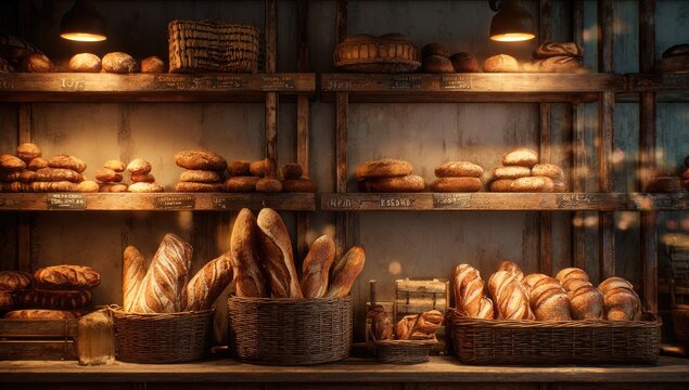 Warm Bakery Display Filled with Freshly Baked Breads and Pastries.