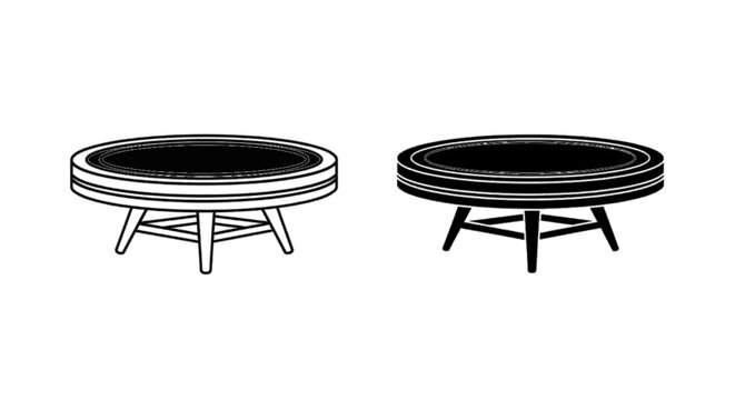 Minimal black silhouette icon, simple flat vector, bold black shape, no, no shading set of round coffee tables with wooden legs on a, flat icon style
