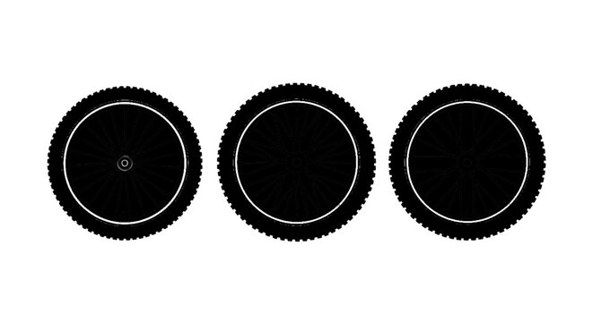Minimal black silhouette icon, simple flat vector, bold black shape, no, no shading set of three black bicycle wheels with different spoke patterns on a, flat icon style