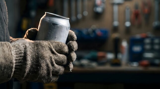 Worker in dirty gloves holding a cold silver beverage can