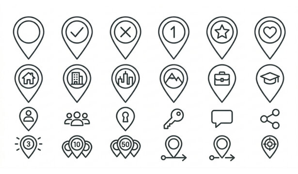Map Pointer and Location Pin Vector Line Icons Set