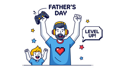 Fototapeta premium Father's Day Gaming Celebration: A father and son bond over video games on Father's Day, with the father exclaiming Level Up! and holding a controller, celebrating their shared passion.
