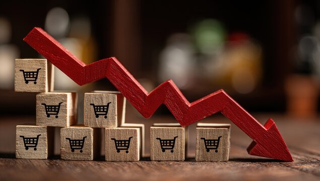 Red Arrow Graph Shows Decline in Shopping Cart Sales and Economic Downturn.