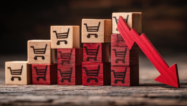 Wooden Blocks Show Falling Shopping Cart Trend with Red Arrow.
