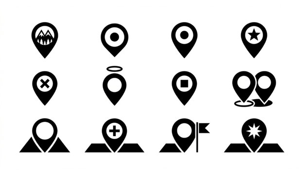 Map pin and location tracking solid icon set. Vector glyph elements for GPS navigation pointer, travel destination marker, mountain place, and route checkpoint design.