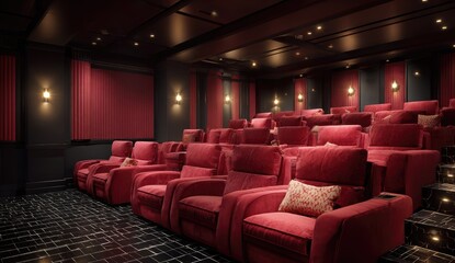 Naklejka premium Luxurious home theater with plush red seating and ambient lighting