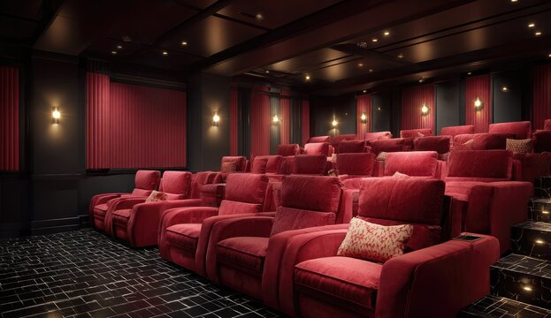 Luxurious home theater with plush red seating and ambient lighting