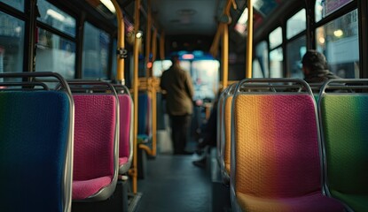 Fototapeta premium Colorful seats line the interior of a public bus with passengers visible in the distance