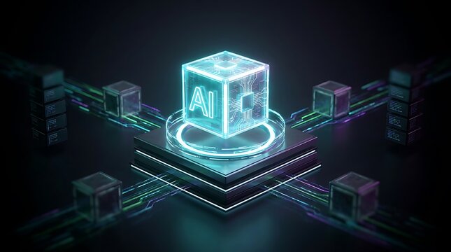 Glowing AI cube with circuit board patterns and glowing lines connecting to data servers on a dark futuristic background.