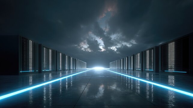 Rows of servers glow under dramatic clouds, illuminating a neon blue path