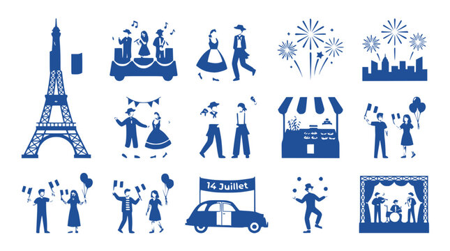 France National Day Celebration Icons: Eiffel Tower, Fireworks, People Dancing