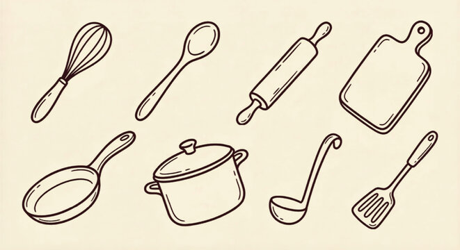 Vintage hand drawn kitchen utensils set, 8 rustic cooking tool icons, retro line art culinary equipment for restaurant menu and bakery branding