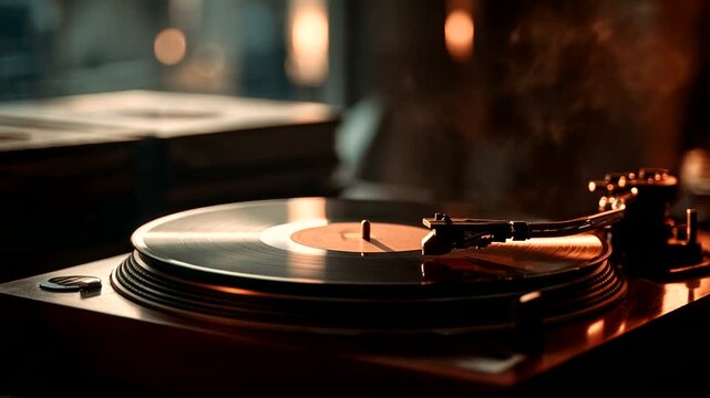 Vintage turntable playing vinyl in cozy caf? ambiance
