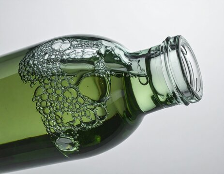 Green glass bottle tilted, filled with luminous light green liquid, featuring effervescent bubbles dynamically clinging and swirling against the transparent glass