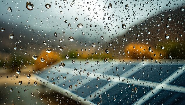Raindrops on glass obscure a blurred view of solar panels and autumn foliage