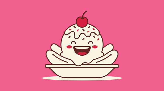 Cute smiling banana split ice cream with cherry on top