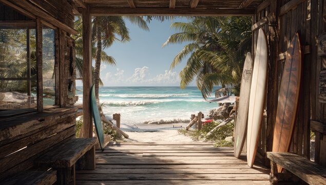 Rustic beach shack entrance with surfboards facing turquoise ocean