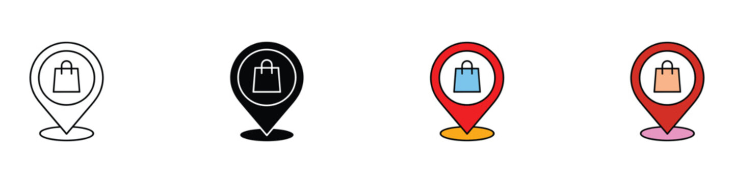Shopping location pin and store map pointer icon set. Vector illustration of map drop pin with shopping bag symbol for local retail market finder in flat and outline styles.
