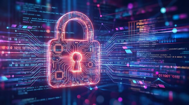 Digital padlock icon with circuit board patterns and binary code streams, symbolizing cybersecurity and data protection in a modern tech environment.