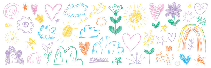 Cute kids nature elements and love heart doodle set. Hand drawn vector illustration of colorful pencil sketch sun, cloud, rainbow, flower and star in childish style.