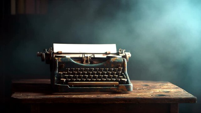 Vintage typewriter on a wooden table in smoky room