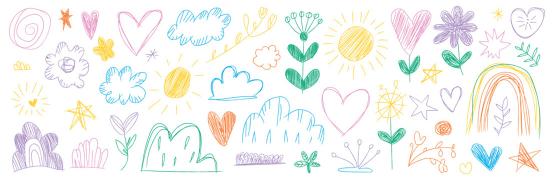 Cute kids nature elements and love heart doodle set. Hand drawn vector illustration of colorful pencil sketch sun, cloud, rainbow, flower and star in childish style.
