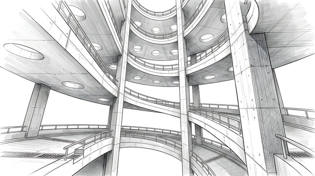  Worm&rsquo;s‑Eye View of a Brutalist Concrete Parking Garage Ramp Spiral &ndash; Monochrome Architectural Line Art