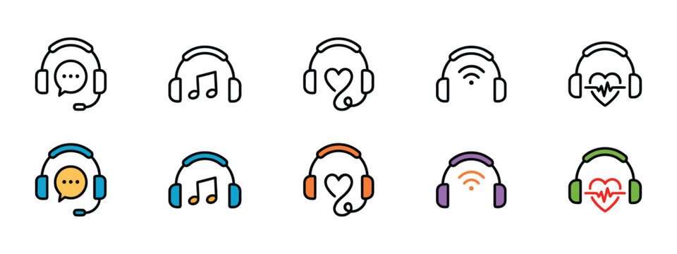 Headphones icon bundle. Vector illustration of headphones with chat speech bubble, music note, love heart, wireless wifi signal and heartbeat waves in flat and outline styles.