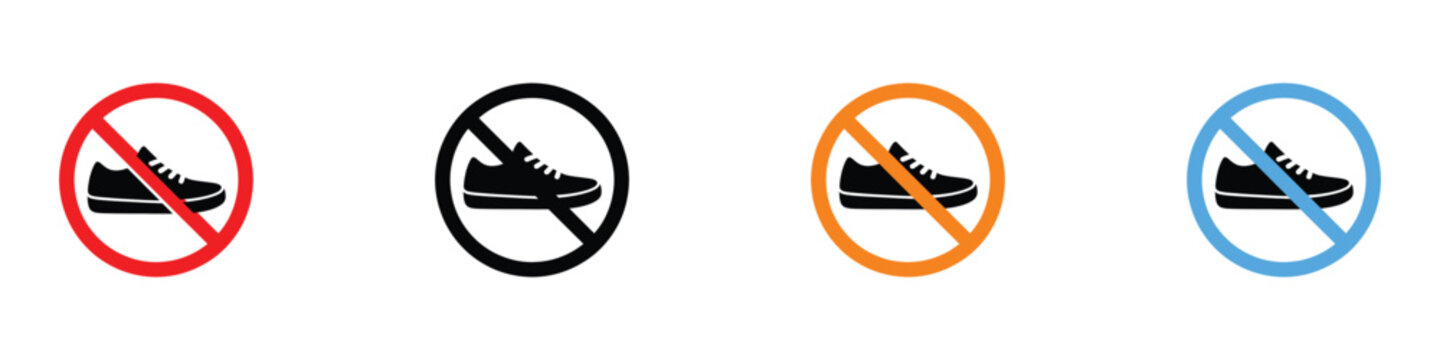No shoes allowed prohibition sign icon set. Vector illustration of sneaker with red ban circle for remove footwear or no shoes zone in flat and outline styles.