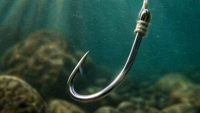 tackle. Fish hook submerged in water, close-up aquatic detail. wildlife magazines, conservation campaigns, designed for wildlife conservation campaigns, celebrates biodiversity.
